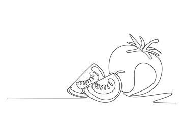Single one line drawing whole and slice healthy organic tomatoes for farming logo identity. Fresh tropical vegetable concept for veggie garden icon. Continuous line design graphic vector illustration