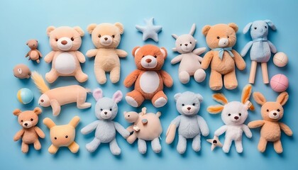 Flat lay of childrens toys and stuffed animals on pastel blue background. Concept of Children's Toys, Stuffed Animals, Pastel Background generative ai