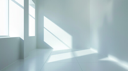 Obraz premium Minimalist Empty Room with Sunlight and Shadows. Bright White Interior with Sunlit Walls and Floor
