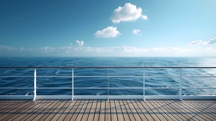 On the deck of an ocean liner, overlooking the vast sea and blue sky, there is a large white metal guardrail with a wood grain texture.