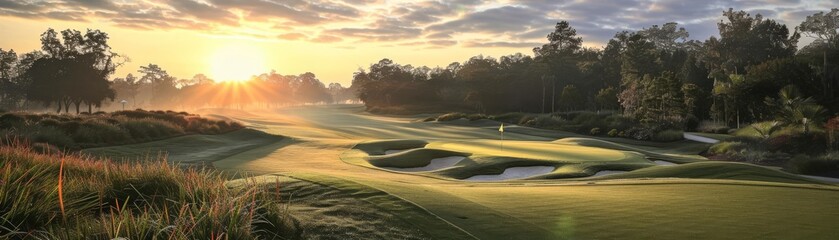 Fototapeta premium Sunrise illuminating a prestigious golf course, casting long shadows and lighting up the dewy fairways, ideal for a peaceful game