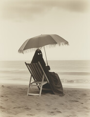 Dark academia print. Halloween Party Theme. A creepy silhouette on the beach.