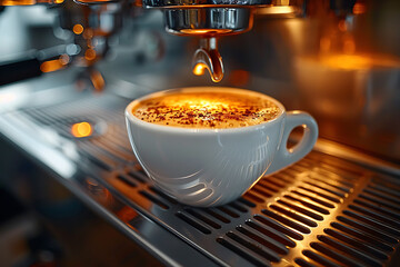 A close-up of a coffee machine brewing coffee into a white cup, set in an office environment, with a blurred background highlighting the workspace atmosphere and modern convenience