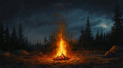 Campfire in a dark forest at night for relaxing, nature or camping themed designs