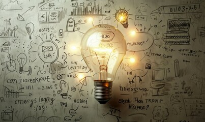 light bulb on background with doodles of business ideas and drawings