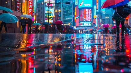 Obraz premium Vibrant Rain-Soaked City Street Radiating with Neon Light Reflections and Pedestrian Umbrellas