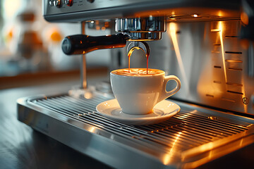 A close-up of a coffee machine brewing coffee into a white cup, set in an office environment, with a blurred background highlighting the workspace atmosphere and modern convenience