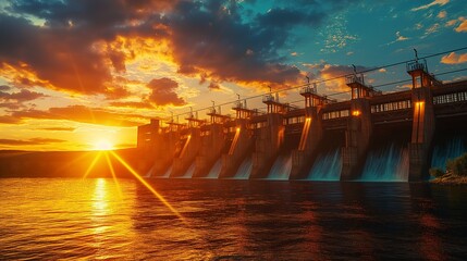 An evening scene at a hydroelectric dam, with the setting sun casting golden light across the dam and water.  - Powered by Adobe