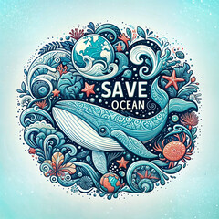 Save the ocean concept with decorative whale and sea elements, perfect for environmental awareness and marine conservation themes. 3D vector illustration created with generative ai.