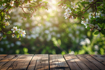 Spring background with green lush young foliage and flowering branches and empty wooden table outdoors