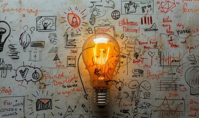 light bulb on background with doodles of business ideas and drawings