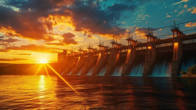 An evening scene at a hydroelectric dam, with the setting sun casting golden light across the dam and water. 