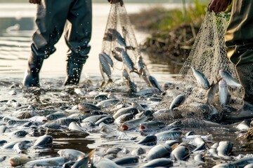 Obraz premium Fishermen Collecting Fish from River