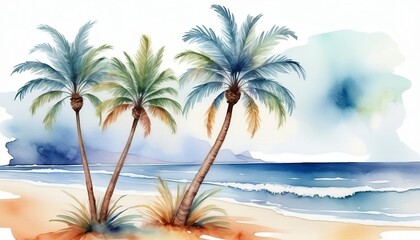 holiday summer travel vacation illustration watercolor painting of palms palm tree on beach with ocean sea generative ai