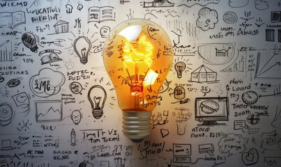 light bulb on background with doodles of business ideas and drawings