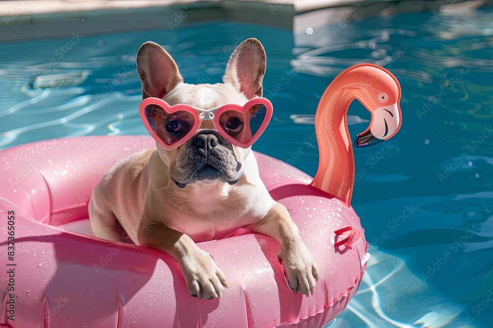 Canvas Prints French Bulldog Puppy with Heart-Shaped Sunglasses, Enjoying on a Flamingo Pool Float