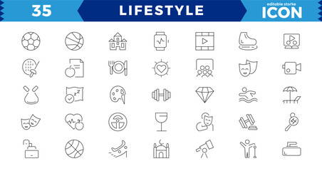 Pixel Perfect Lifestyle web icon set in line style. Healthcare, healthy lifestyle, health, diet, healthy food, exercise, sleep, collection. Vector illustration.Editable stroke.