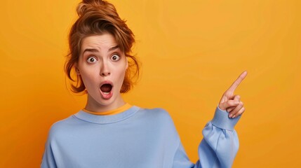 Closeup of a lovely woman with surprised grimace standing against orange background, points with index finger to the right side