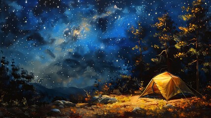 Camping tent under starry night sky in the forest