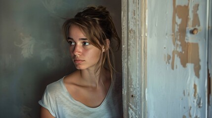 Fototapeta premium Portrait of a young woman wearing t-shirt and looking out from behind a half-open door
