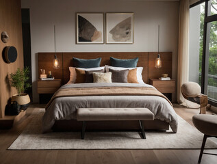 Top View of Stylish Cozy Bedroom with Modern Decor