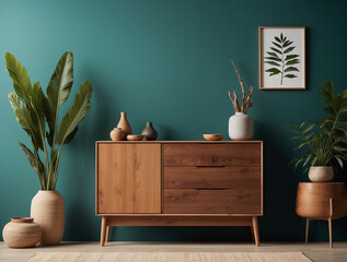 Minimal Composition with Wooden Cabinet and Vivid Wall