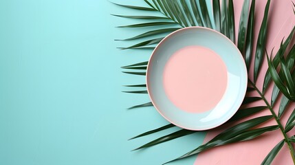 A pink plate on a pastel background with palm leaves, in a flat lay style. The white empty plate is placed in the center against a solid color wall. 
