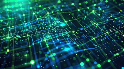 Obraz premium Digital futuristic and technological background of blue and green lines with many dots