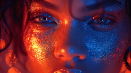 Close-up portrait of a woman with sparkling makeup under colorful lighting.