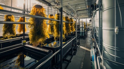 An experimental bioenergy setup using seaweed, depicted at a coastal research facility. 