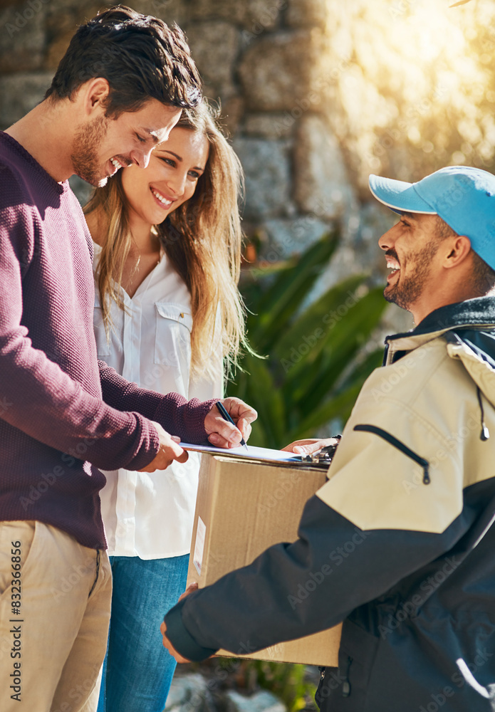 Poster shipping, delivery man with package boxes and couple at front door for logistics. distribution or on