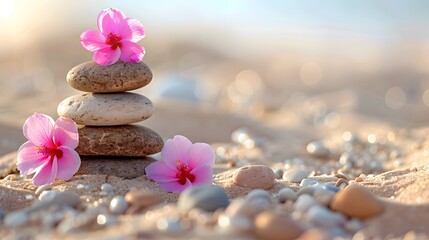 A stack of balanced stones with pink flowers on top, placed in the sand. Web banner with empty space on the right in the style of copy space.