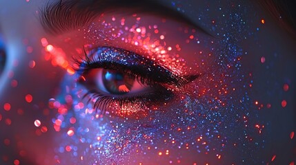 Close-up of a woman's eye with glitter makeup, creating a sparkling effect.