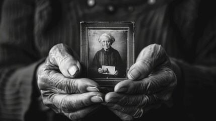 Close-up of elderly hands gently holding a vintage portrait. Black and white photo depicting the passage of time and family history.