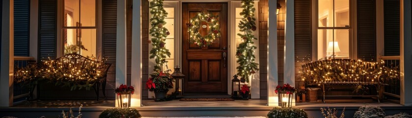 Picturesque front door setting with decorative greenery and ambient lighting, suitable for home improvement content