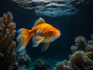 Fototapeta premium A goldfish in the deep waters of the ocean.
