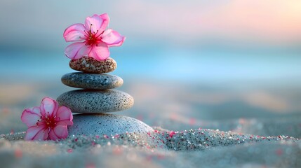 A stack of balanced stones with pink flowers on top, placed in the sand. Web banner with empty space on the right in the style of copy space.