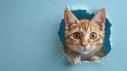 Spring Cat Peeking Through Hole in Sky Blue Paper Wall