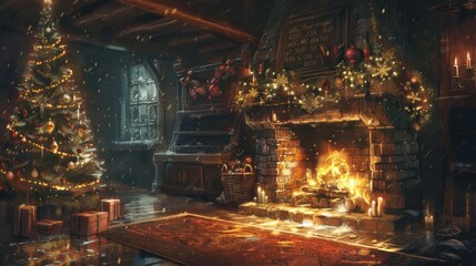 Christmas Fireplace With Decorated Tree And Snow