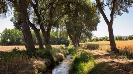 Obraz premium Grey elm trees growing between a stream and a crop field in Mediterranean environment