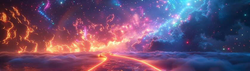 Mystical journey along a neonlit pathway under a celestial explosion of colors, suitable for fantasy game backgrounds