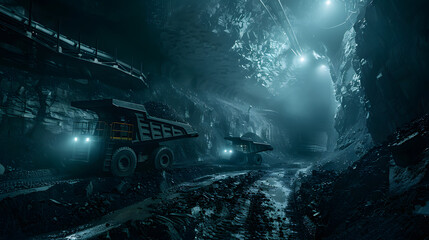 A dark, foggy mine with a dump truck driving through.