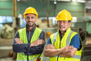 Two happy factory workers wearing hard hats and safety vests standing with arms crossed.