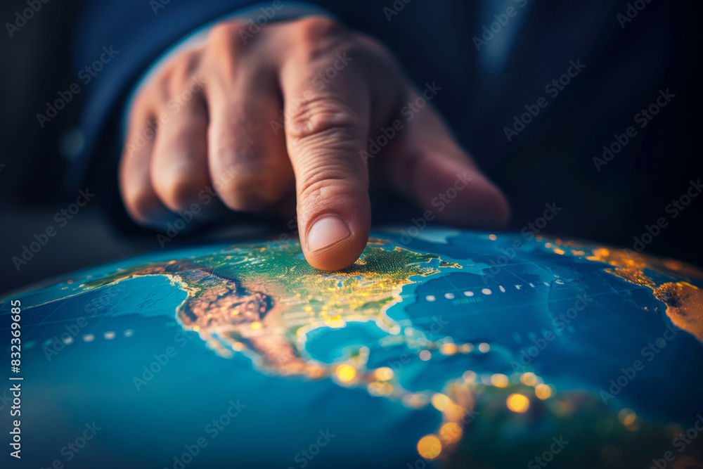Wall mural world in hand of finance, businessman pointing north america on earth globe map, business strategy - Wall murals