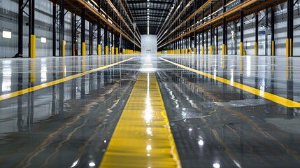 Fototapeta premium An industrial warehouse features a sleek and shiny grey cement floor with yellow safety stripes. The smooth surface and safety markings emphasize the spacious, empty environment.