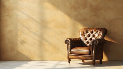 Vintage leather armchair against beige wall with copy space, interior design of modern home office room. Soft lighting and shadow with sun rays.