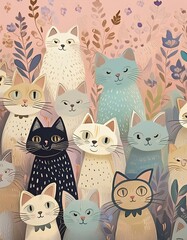 いろいろな猫たちが並んで集まったイラスト

