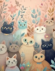 いろいろな猫たちが並んで集まったイラスト
