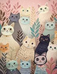 いろいろな猫たちが並んで集まったイラスト

