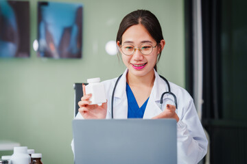 Asian female doctor specializes in psychiatry, providing online consultations and psychotherapy...